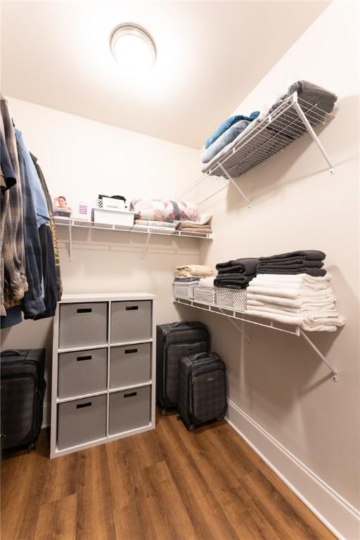 walk in closet with dark hardwood / wood-style flooring