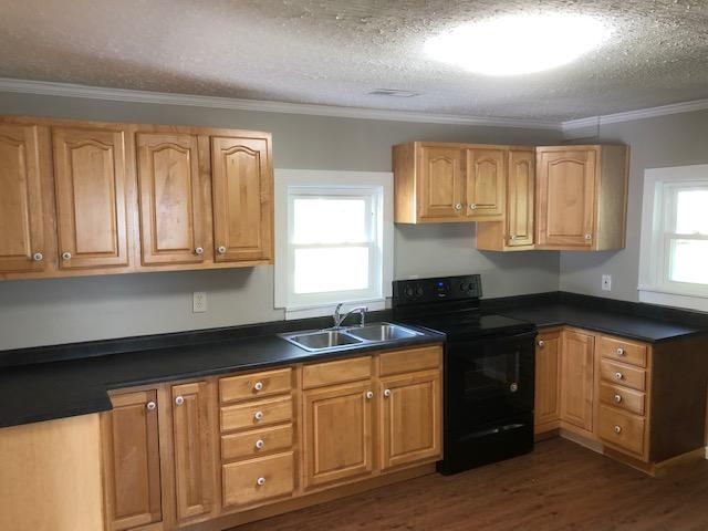 kitchen featuring black range with electric stovetop, crown molding, sink, and a textured ceiling