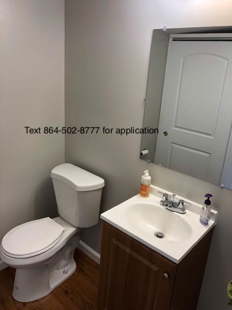 bathroom with hardwood / wood-style flooring, vanity, and toilet