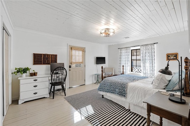 bedroom with crown molding, wooden ceiling, and multiple windows