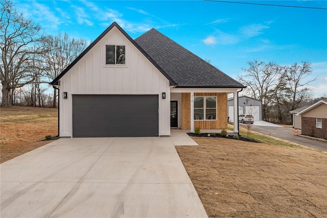 modern farmhouse with a porch and a front yard