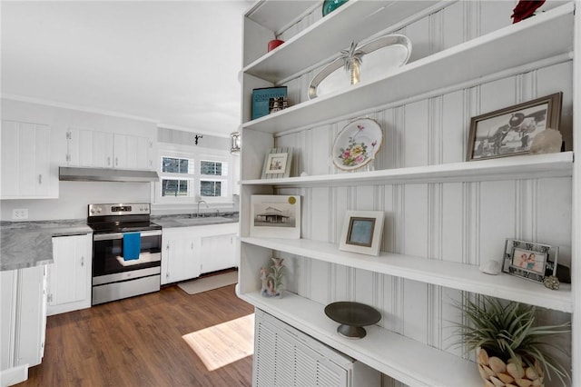 kitchen featuring sink, stainless steel range with electric cooktop, dark hardwood / wood-style floors, and white cabinets