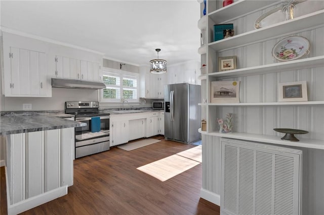 kitchen with white cabinetry, stainless steel appliances, decorative light fixtures, and dark hardwood / wood-style flooring