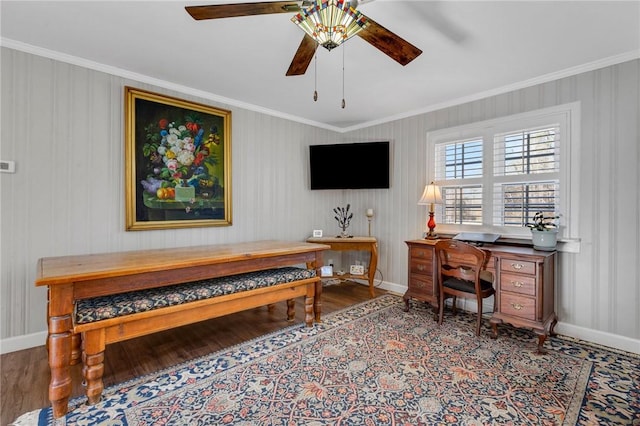 office area with hardwood / wood-style flooring, crown molding, and ceiling fan