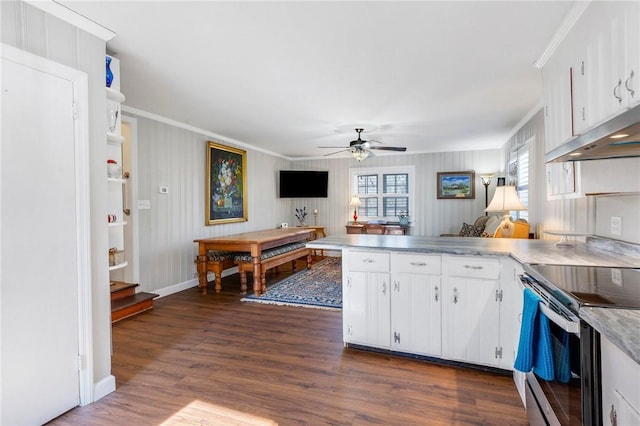 kitchen featuring dark hardwood / wood-style floors, white cabinetry, stainless steel range with electric stovetop, kitchen peninsula, and crown molding