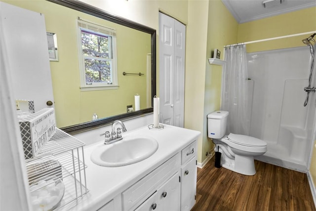 6 Ivy Ct, Seneca, SC 29678 - bathroom featuring toilet, ornamental molding, vanity, curtained shower, and hardwood / wood-style flooring