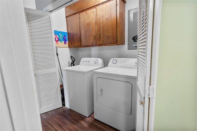 6 Ivy Ct, Seneca, SC 29678 - laundry room with dark wood-type flooring, cabinets, and separate washer and dryer