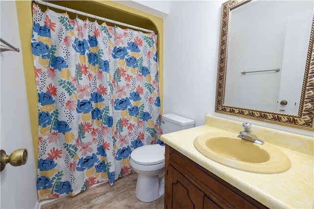 bathroom featuring vanity, toilet, and a shower with shower curtain