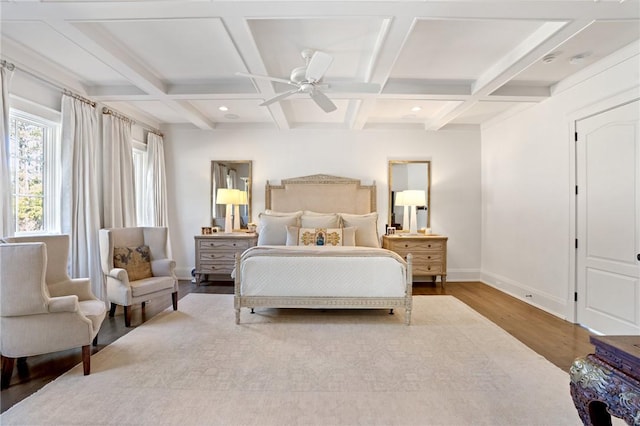 bedroom featuring ceiling fan, coffered ceiling, beam ceiling, and light hardwood / wood-style flooring