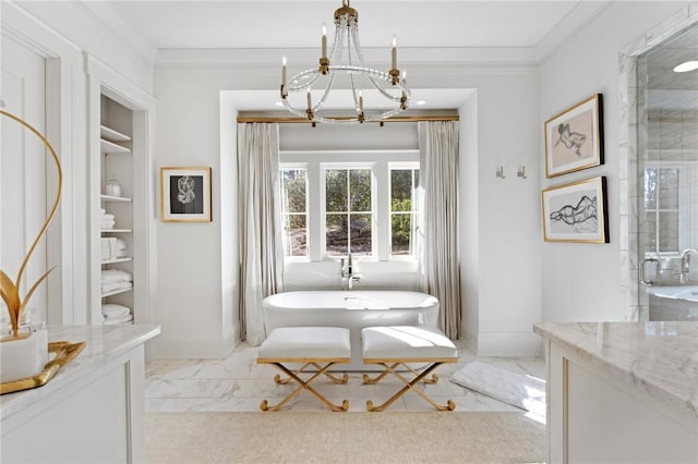 bathroom with vanity, plus walk in shower, and a chandelier