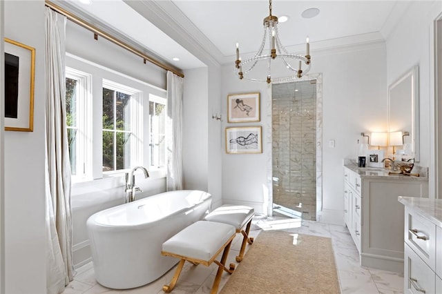 bathroom featuring vanity, crown molding, plus walk in shower, and an inviting chandelier