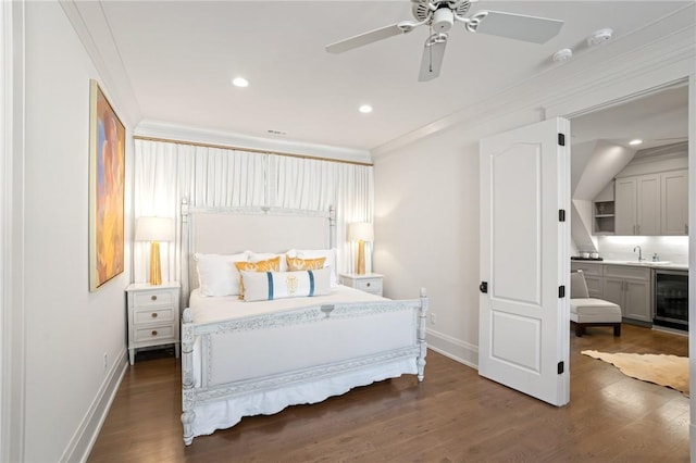 bedroom with ornamental molding, dark hardwood / wood-style floors, wine cooler, and ceiling fan