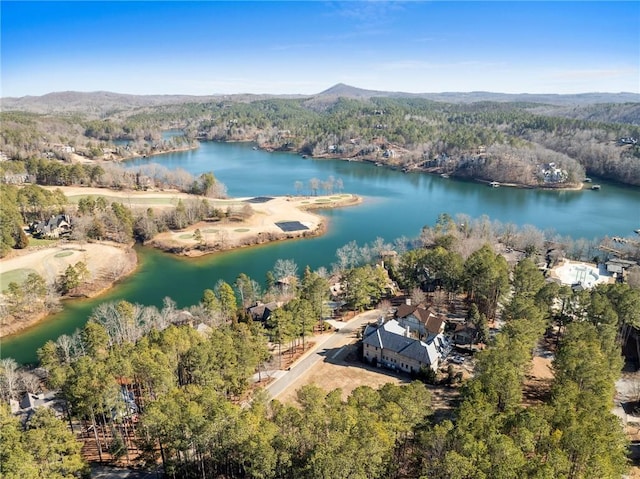 bird's eye view featuring a water and mountain view