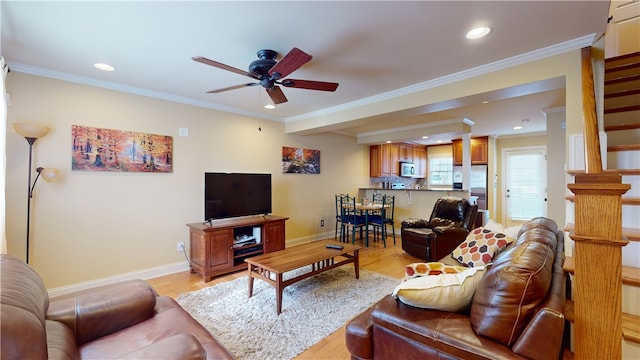 living room featuring crown molding, ceiling fan, and light hardwood / wood-style flooring