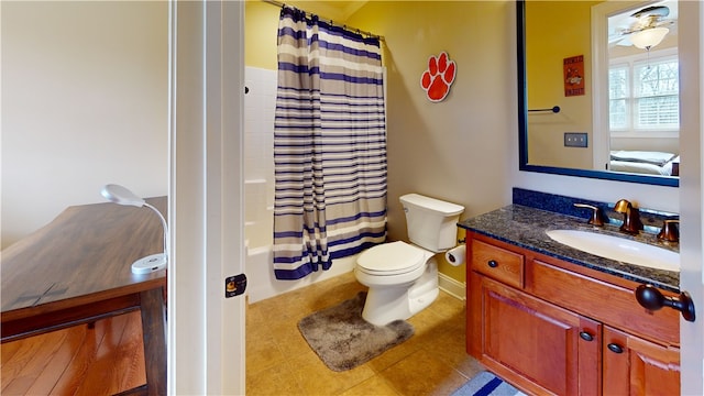 full bathroom with vanity, tile patterned flooring, toilet, and shower / bathtub combination with curtain