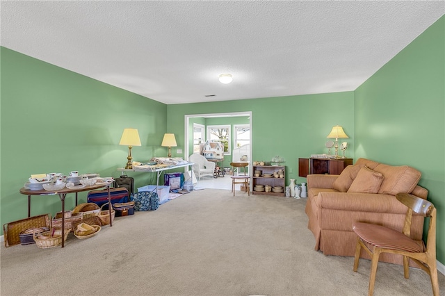 interior space featuring light colored carpet and a textured ceiling