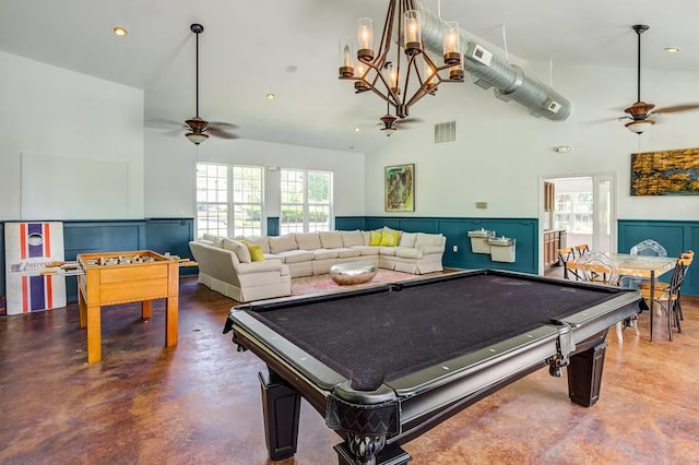 recreation room featuring billiards, concrete flooring, and ceiling fan