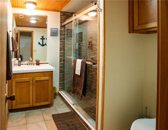 bathroom with an enclosed shower, vanity, wood ceiling, and tile patterned floors