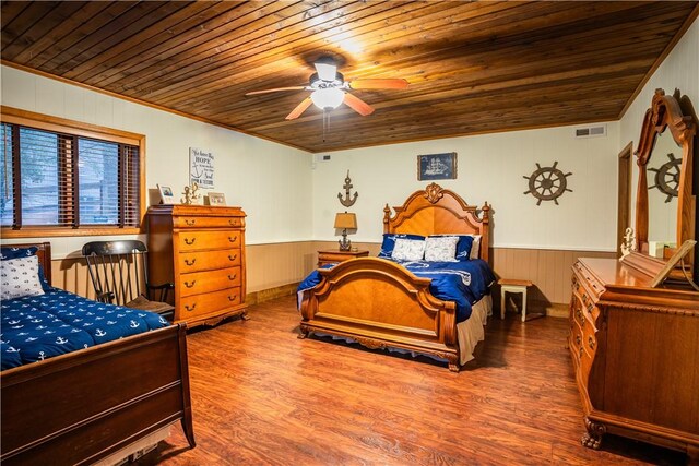 bedroom featuring ceiling fan, hardwood / wood-style floors, and wood ceiling