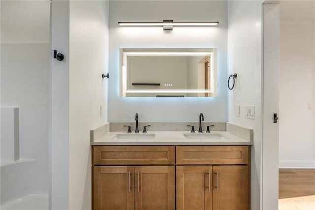 bathroom featuring vanity and wood-type flooring