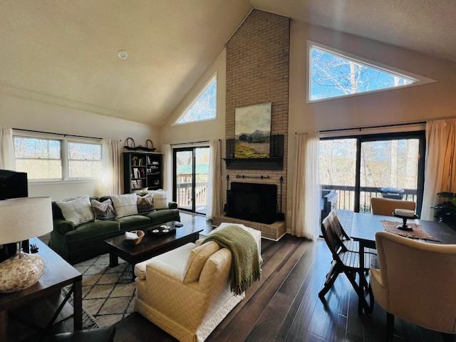 living room featuring a fireplace, wood-type flooring, and high vaulted ceiling