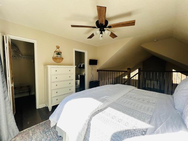 bedroom featuring lofted ceiling, a walk in closet, dark hardwood / wood-style flooring, a closet, and ceiling fan