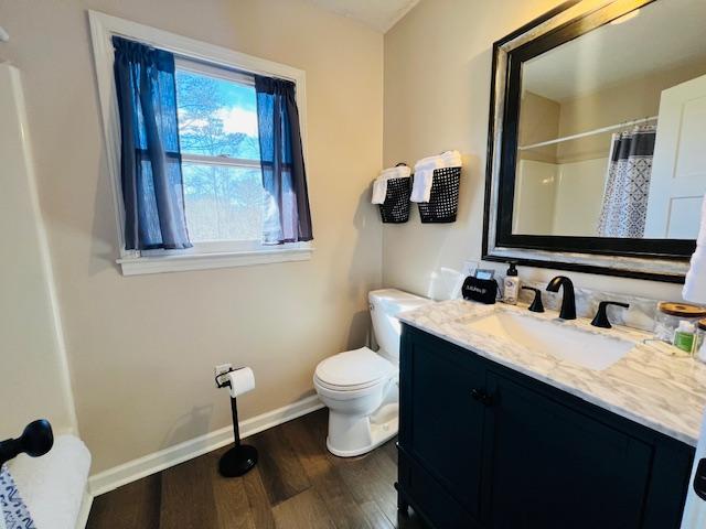 bathroom featuring a shower with curtain, vanity, toilet, and hardwood / wood-style floors