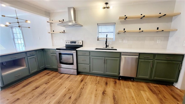 kitchen with sink, tasteful backsplash, light wood-type flooring, stainless steel appliances, and wall chimney range hood