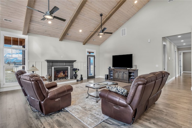 living room with beam ceiling, wood ceiling, light hardwood / wood-style flooring, and ceiling fan