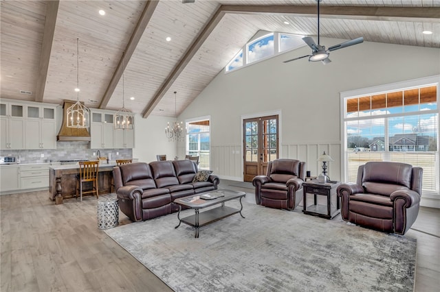 living room featuring wood ceiling, beam ceiling, light hardwood / wood-style floors, and high vaulted ceiling