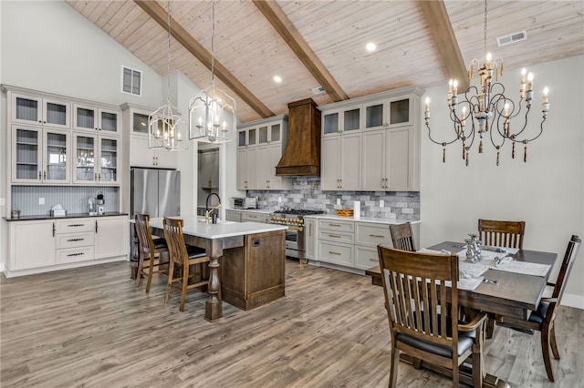 kitchen featuring custom exhaust hood, decorative light fixtures, appliances with stainless steel finishes, beamed ceiling, and backsplash