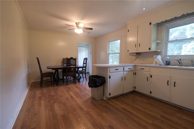 kitchen with sink, white cabinets, kitchen peninsula, plenty of natural light, and dark wood-type flooring