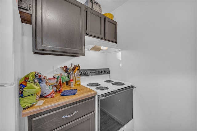 kitchen with dark brown cabinetry and white range with electric stovetop