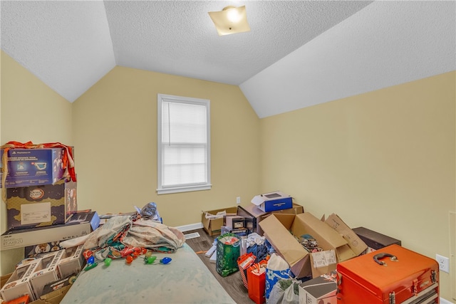 additional living space with lofted ceiling, hardwood / wood-style floors, and a textured ceiling