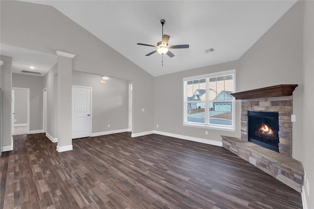 unfurnished living room featuring dark hardwood / wood-style flooring, a fireplace, high vaulted ceiling, and ceiling fan