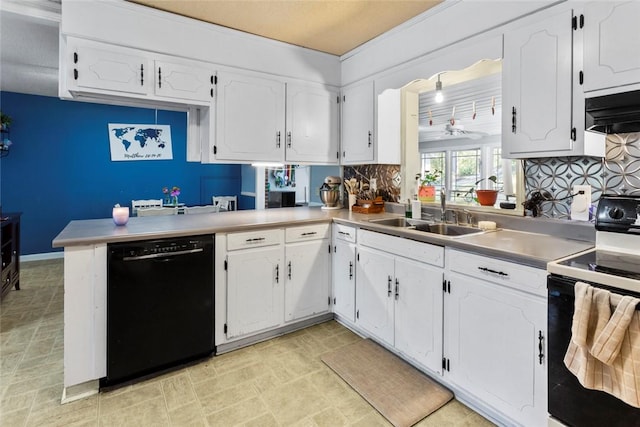 kitchen with dishwasher, sink, exhaust hood, kitchen peninsula, and electric stove