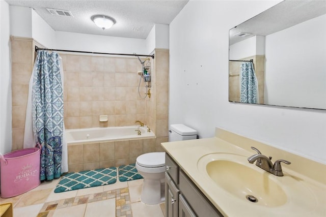 full bathroom featuring toilet, vanity, shower / bathtub combination with curtain, and a textured ceiling