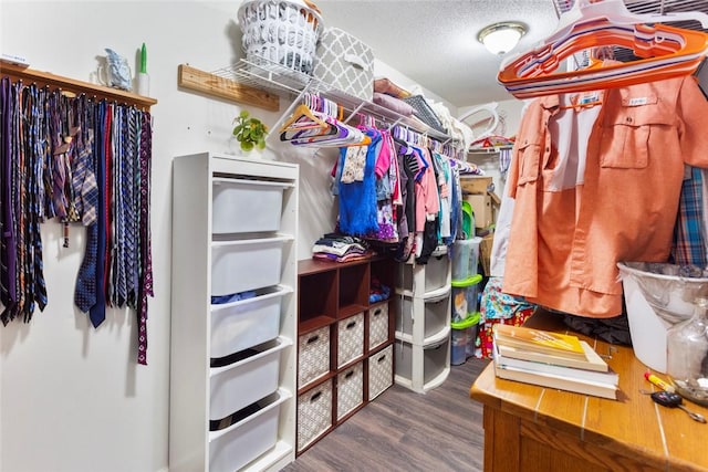 walk in closet with dark wood-type flooring