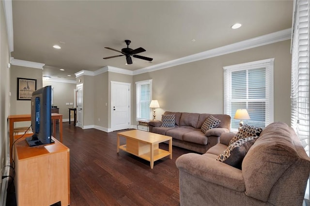 living room featuring dark wood-type flooring, ornamental molding, and ceiling fan