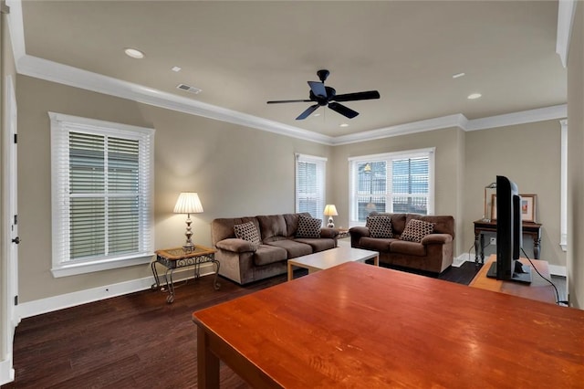 living room featuring crown molding, ceiling fan, and dark hardwood / wood-style flooring