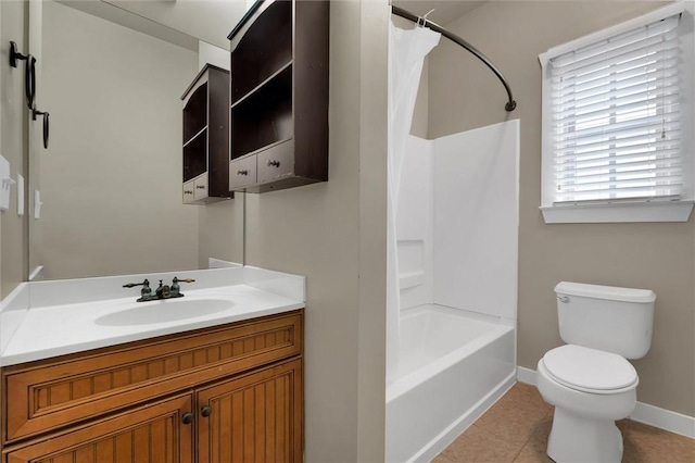 full bathroom featuring vanity, tile patterned flooring, shower / bath combo, and toilet