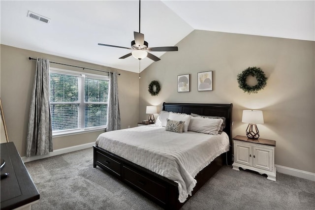 carpeted bedroom featuring vaulted ceiling and ceiling fan