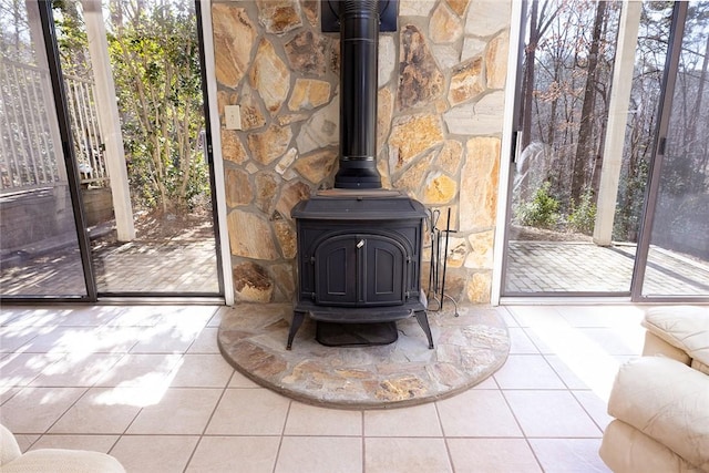 interior details with a wood stove