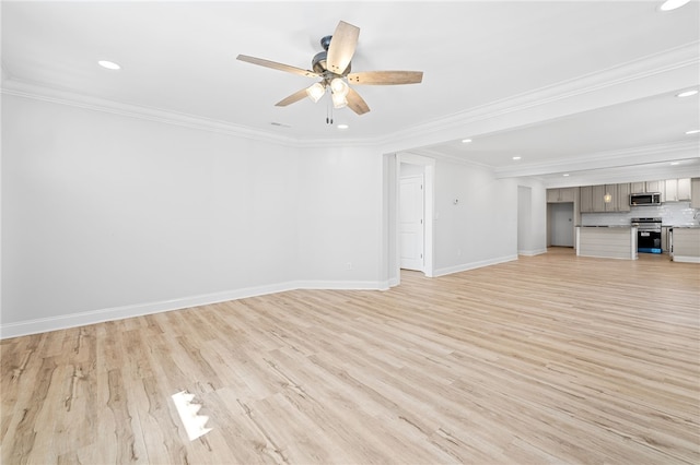 unfurnished living room featuring crown molding, ceiling fan, and light hardwood / wood-style floors