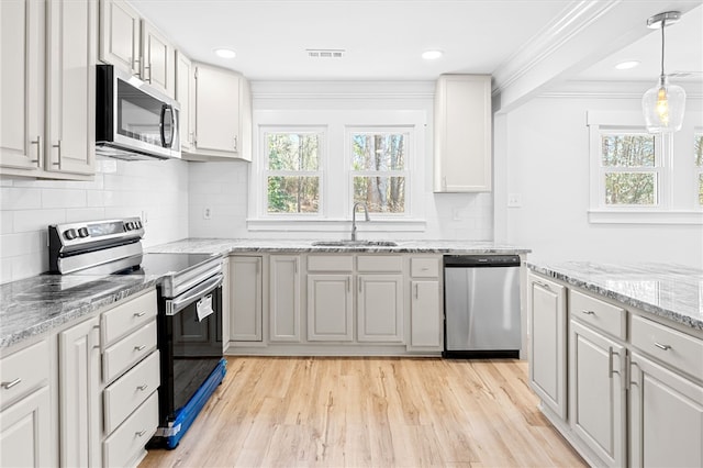 kitchen with appliances with stainless steel finishes, a wealth of natural light, pendant lighting, sink, and white cabinets