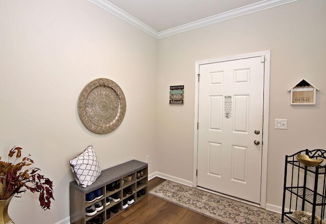 entrance foyer with hardwood / wood-style flooring and ornamental molding