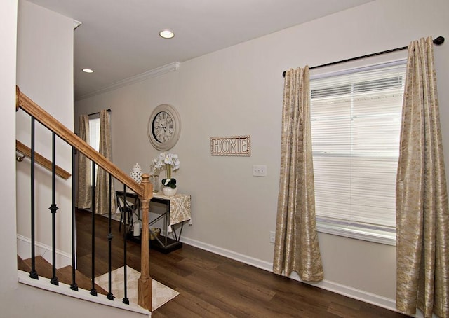 foyer with dark hardwood / wood-style flooring and crown molding