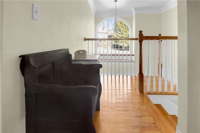 sitting room with ornamental molding and light wood-type flooring