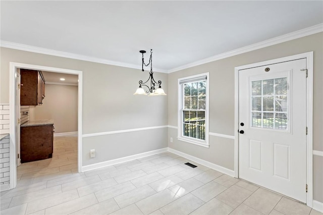 unfurnished dining area featuring an inviting chandelier, ornamental molding, and light tile patterned flooring