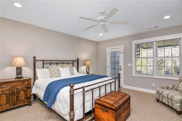 bedroom with ceiling fan and carpet